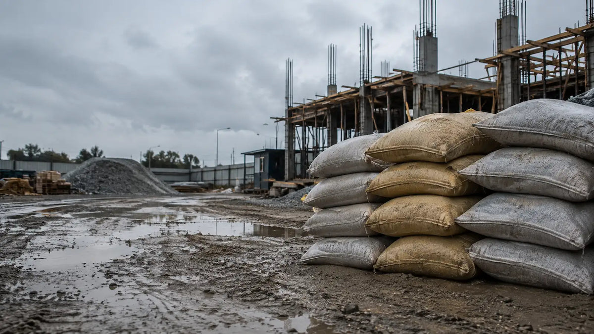 Sacos de arena y gravilla apilados en una obra de construcción bajo lluvia, con barro en el terreno