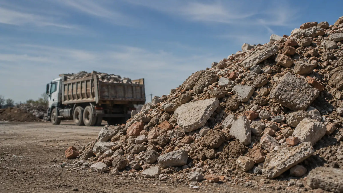 Camión retirando escombros de construcción junto a un montículo de escombros y concreto